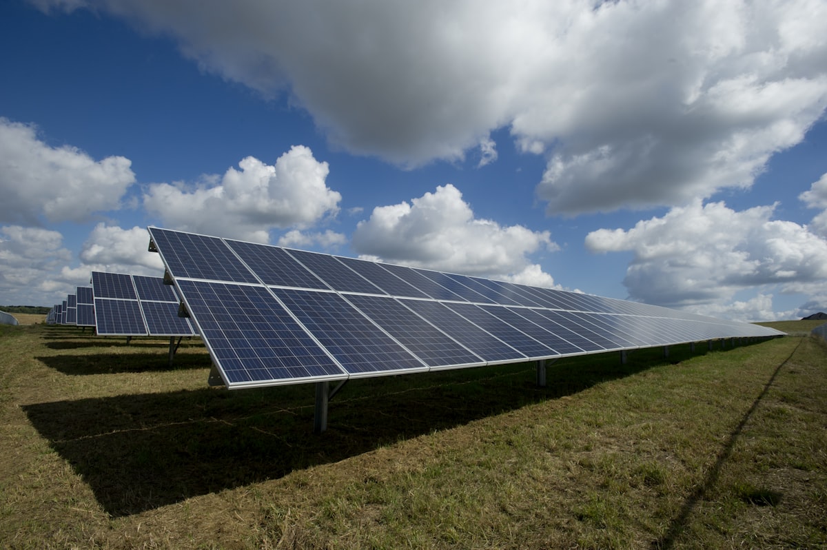 Solar panels on a green field under a clear sky